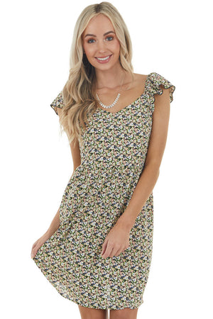 Black Ditsy Floral Short Dress with Back Smocked Detail