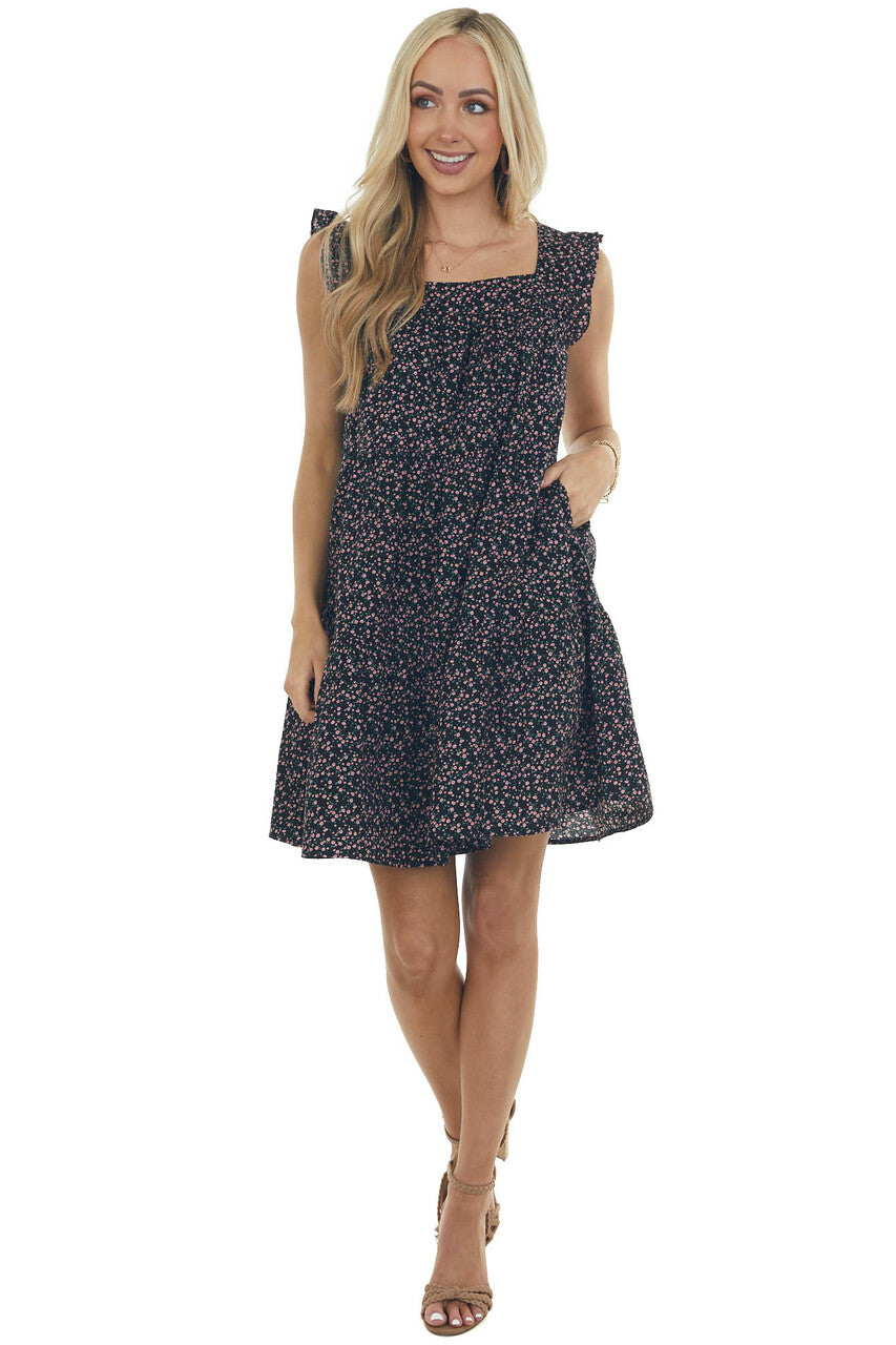 Black Ditsy Floral Textured Square Neck Dress