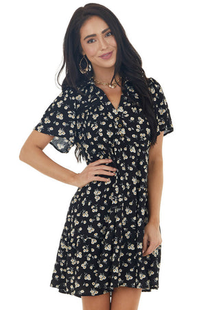 Black Ditsy Floral Tiered Babydoll Short Dress with Collar 