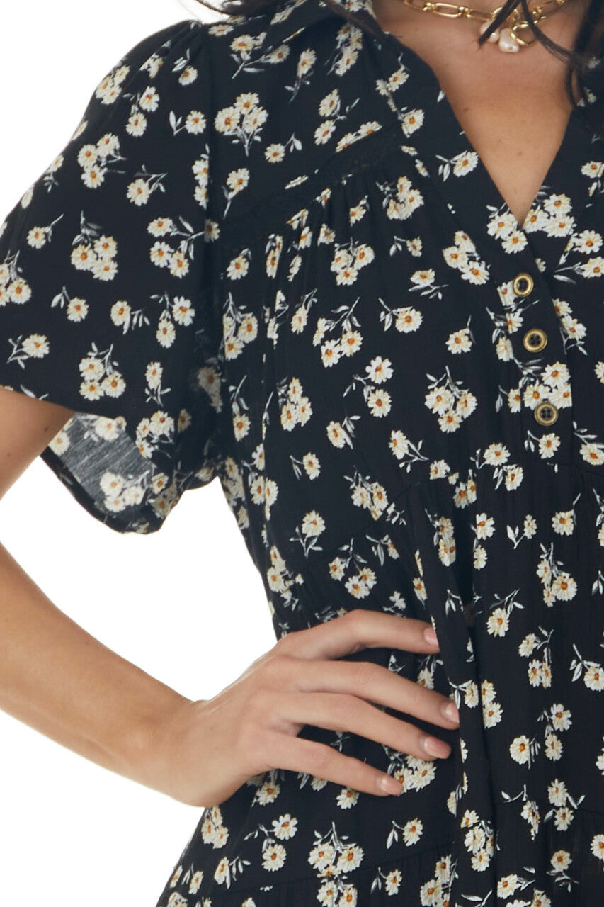 Black Ditsy Floral Tiered Babydoll Short Dress with Collar 