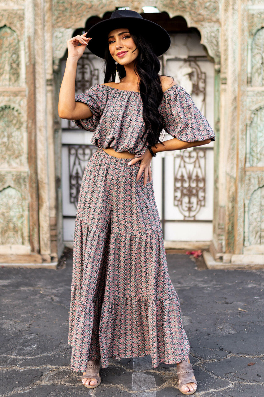 Black Ditsy Floral Tiered Woven Wide Leg Pants