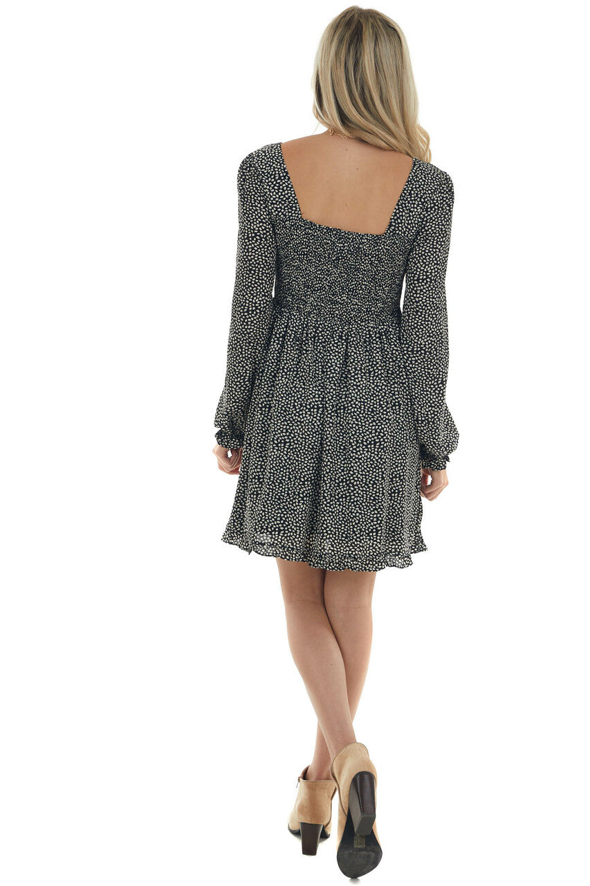 Black Ditsy Leaf Print Long Sleeve Short Dress 