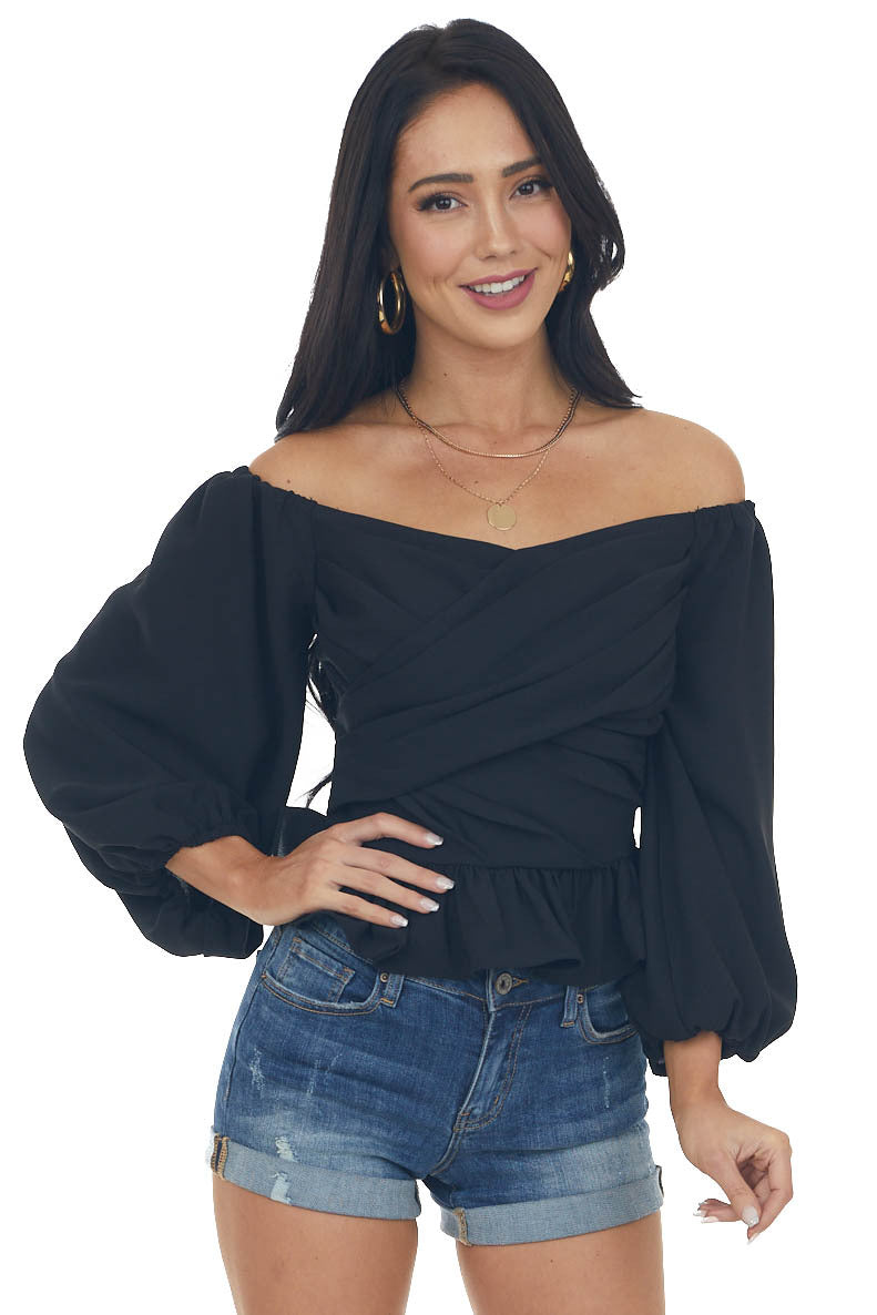 Black Draped Criss Cross Cropped Peplum Blouse