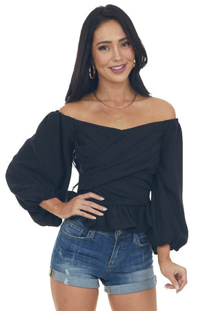 Black Draped Criss Cross Cropped Peplum Blouse