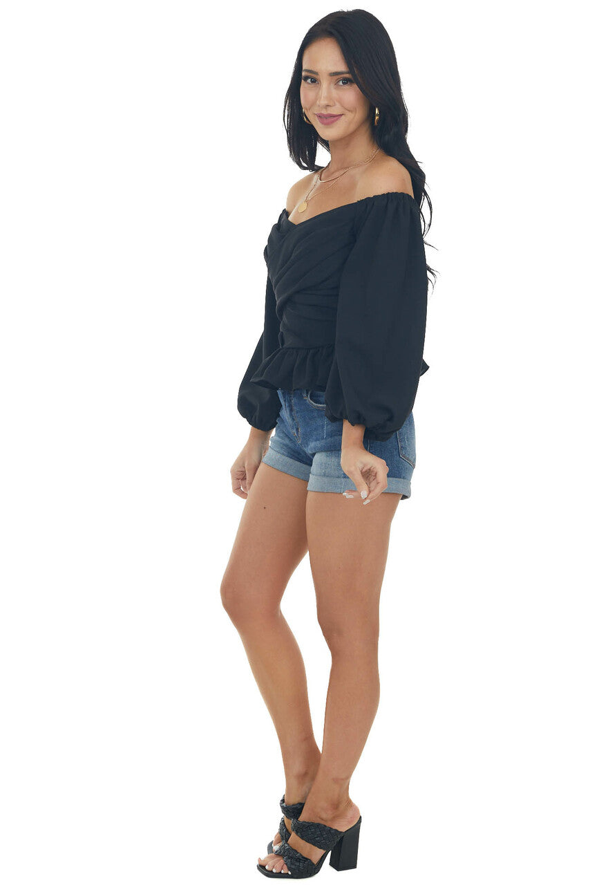 Black Draped Criss Cross Cropped Peplum Blouse