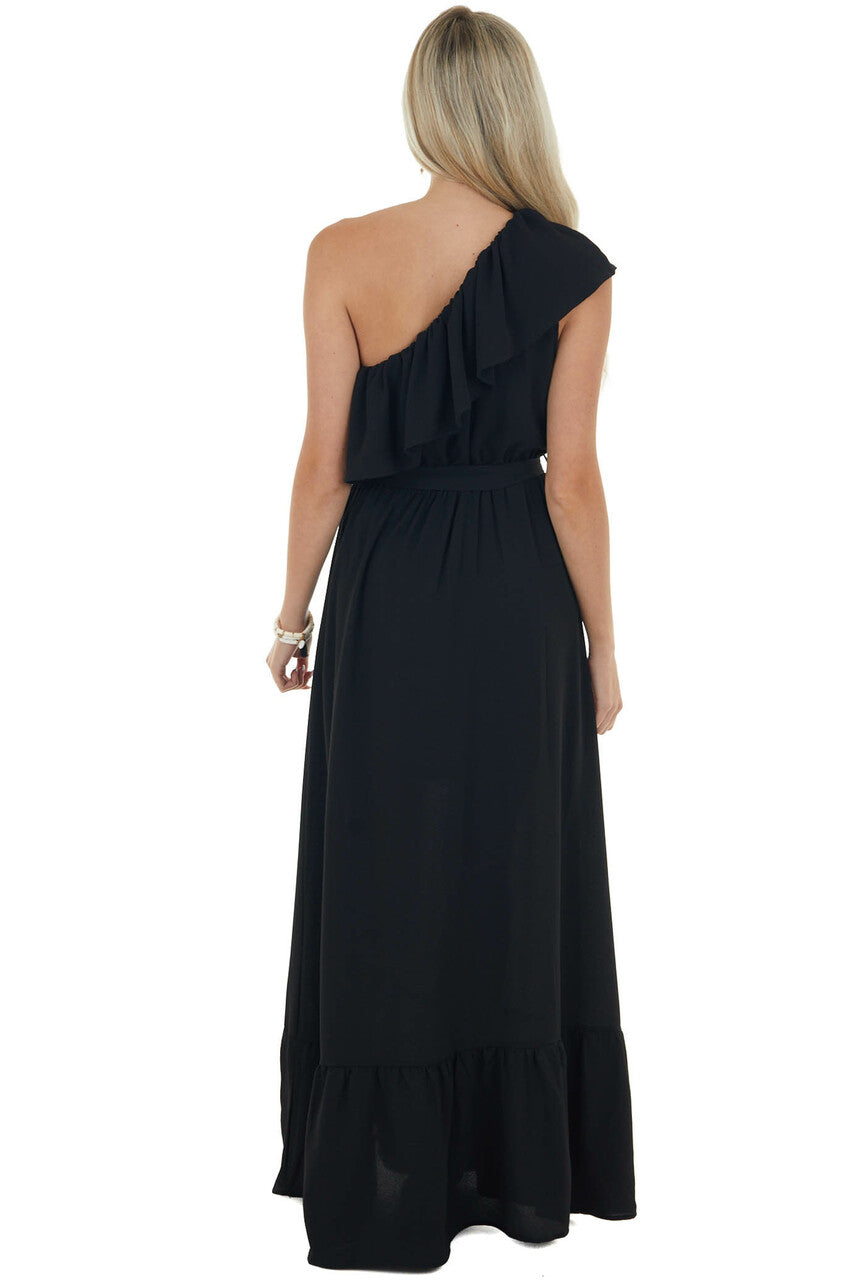 Black Elastic Off Shoulder Ruffle Maxi Dress