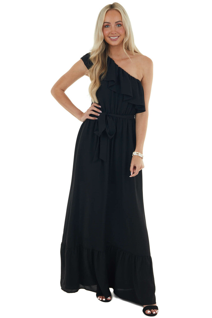 Black Elastic Off Shoulder Ruffle Maxi Dress