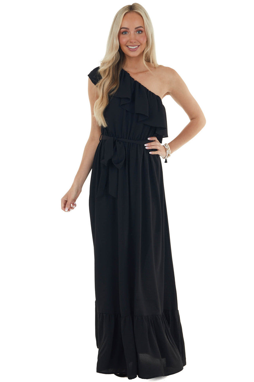 Black Elastic Off Shoulder Ruffle Maxi Dress