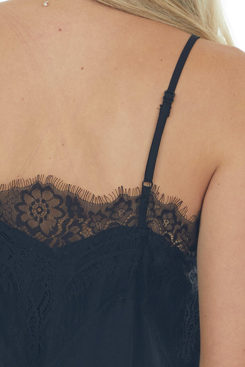 Black Eyelash Lace Trim Adjustable Strap Cami