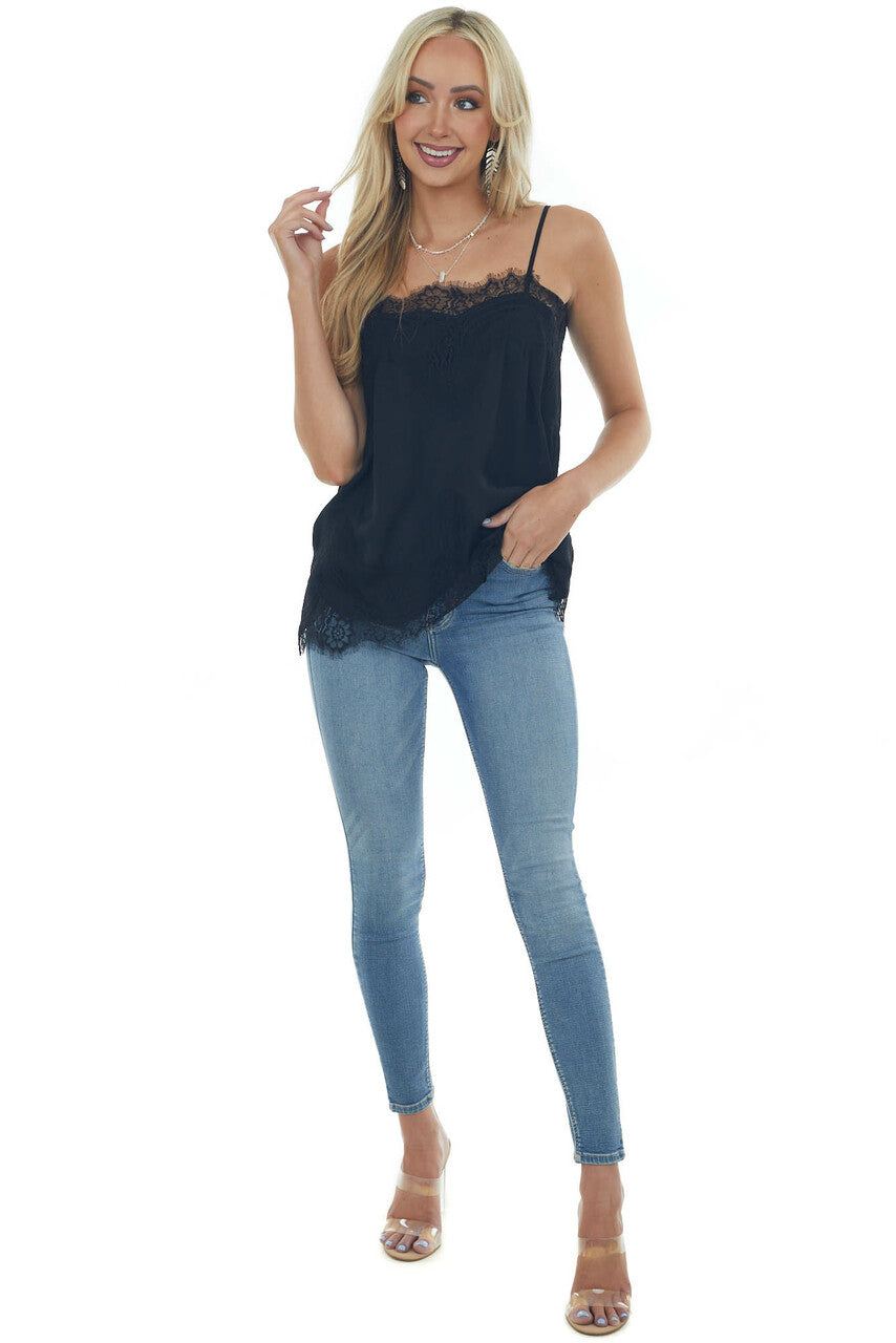 Black Eyelash Lace Trim Adjustable Strap Cami