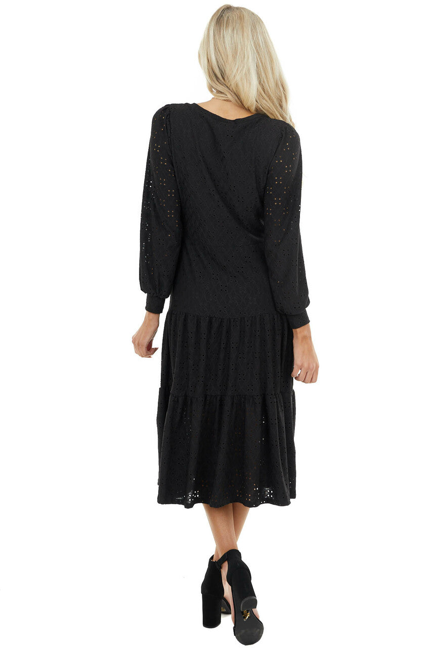 Black Eyelet Drop Waist Midi Dress with Tiered Ruffles