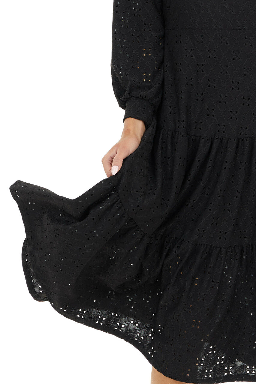 Black Eyelet Drop Waist Midi Dress with Tiered Ruffles