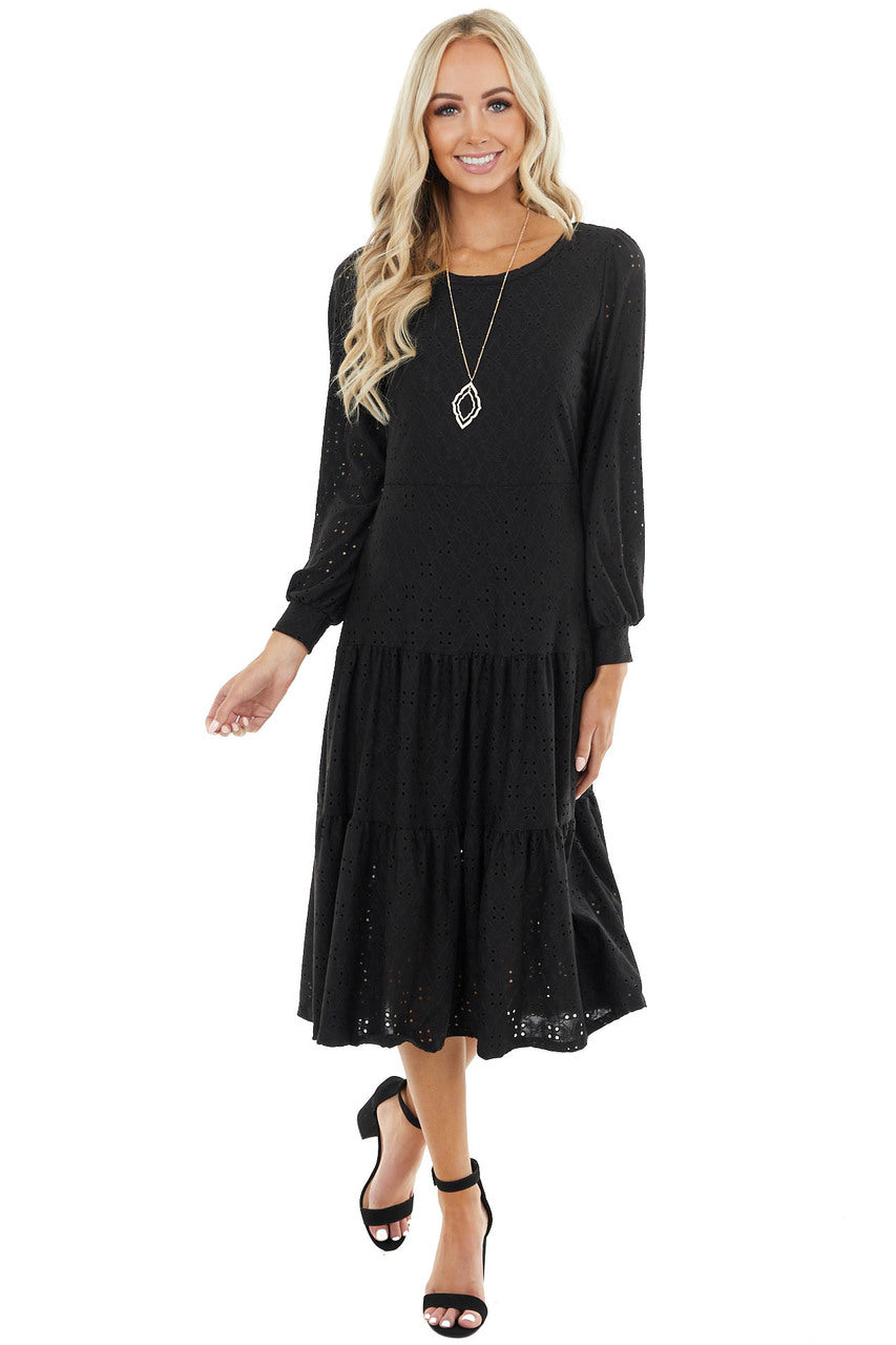 Black Eyelet Drop Waist Midi Dress with Tiered Ruffles