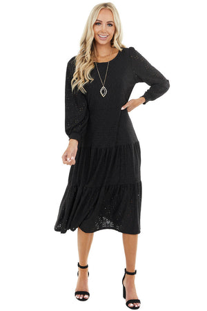 Black Eyelet Drop Waist Midi Dress with Tiered Ruffles