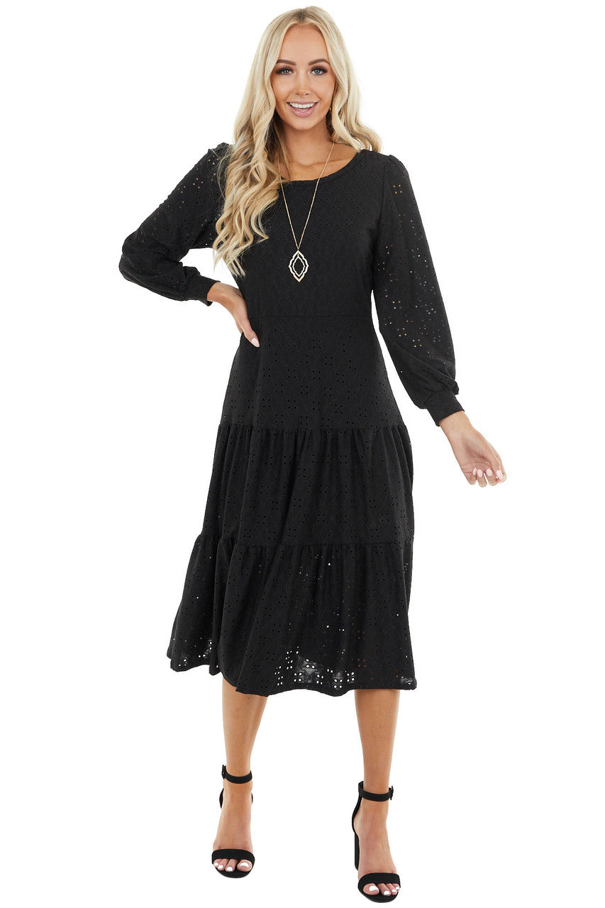 Black Eyelet Drop Waist Midi Dress with Tiered Ruffles
