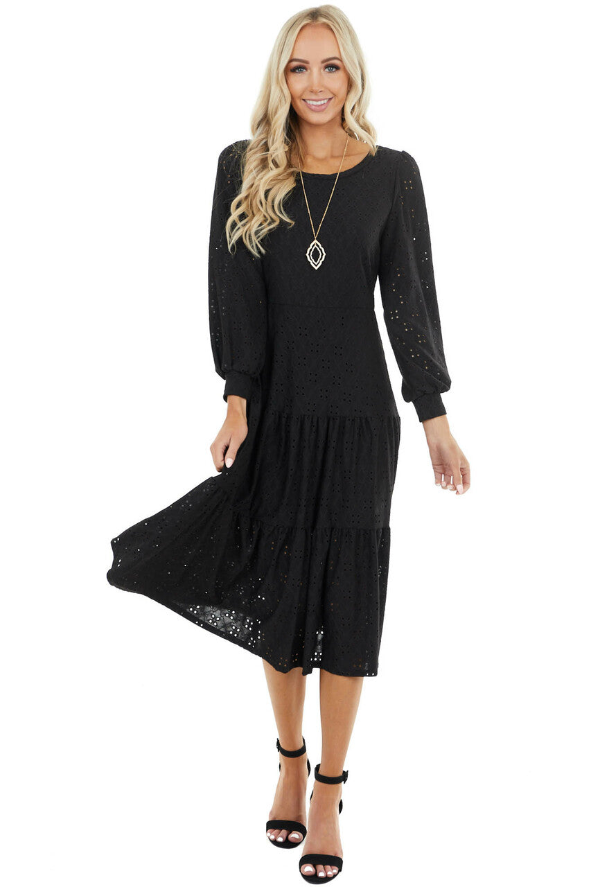 Black Eyelet Drop Waist Midi Dress with Tiered Ruffles