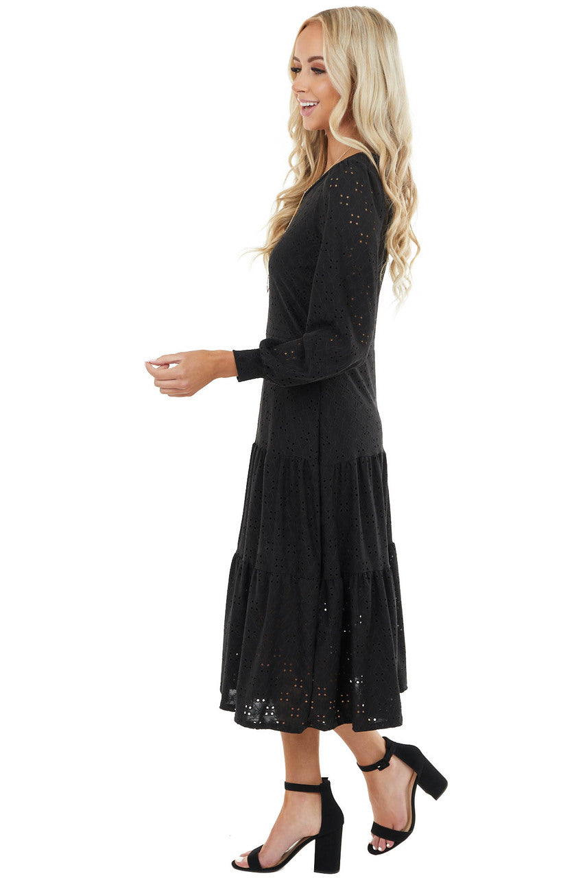 Black Eyelet Drop Waist Midi Dress with Tiered Ruffles