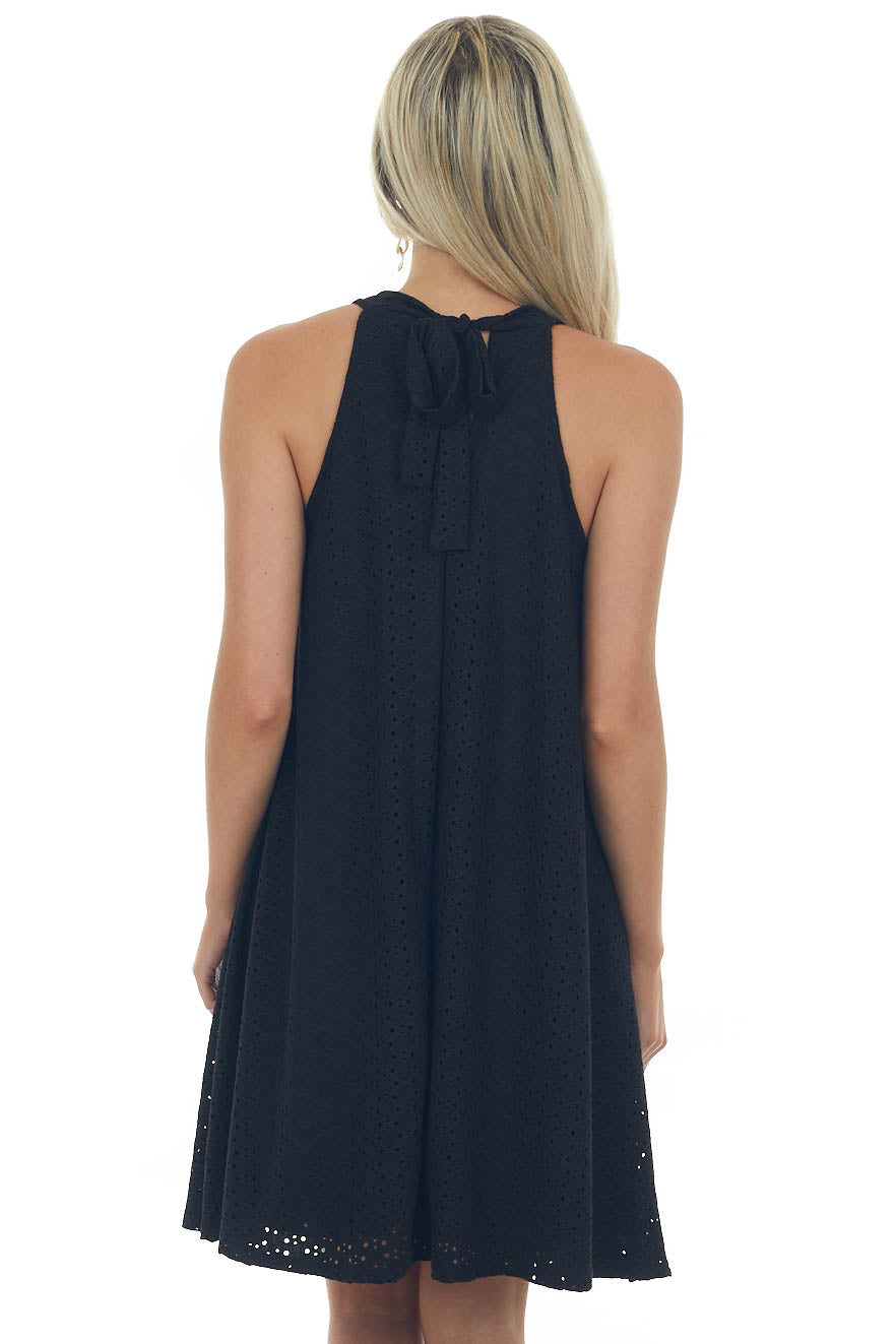 Black Eyelet Knit Halter Neckline Short Dress 