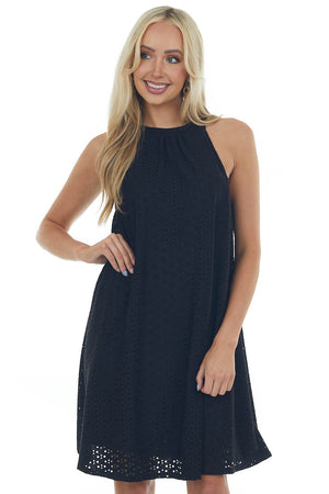 Black Eyelet Knit Halter Neckline Short Dress 