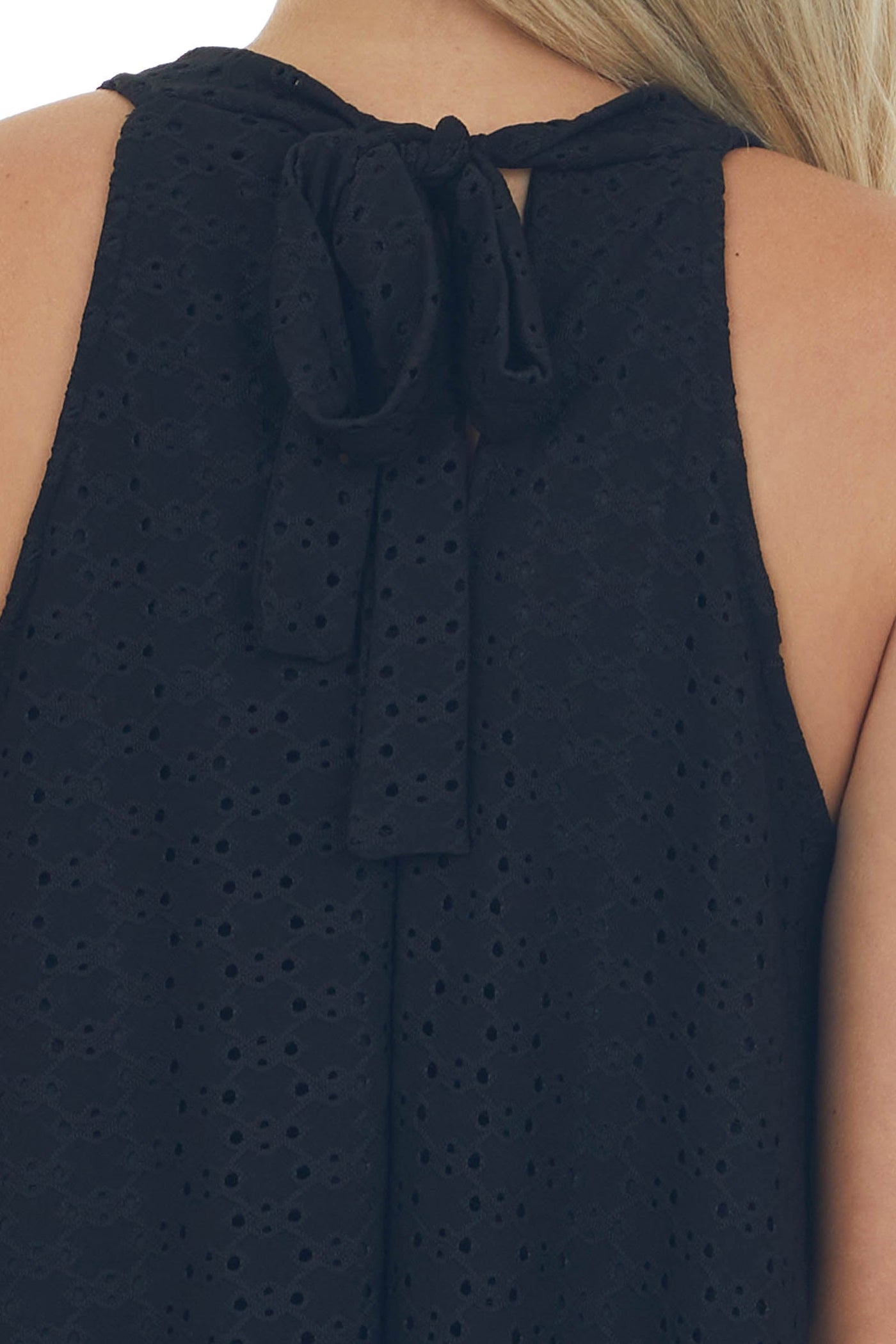 Black Eyelet Knit Halter Neckline Short Dress 