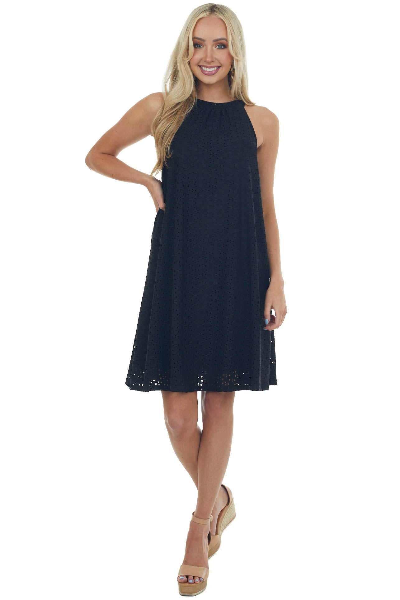 Black Eyelet Knit Halter Neckline Short Dress 