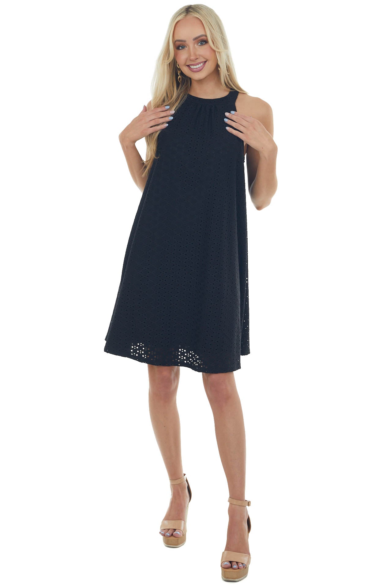 Black Eyelet Knit Halter Neckline Short Dress 