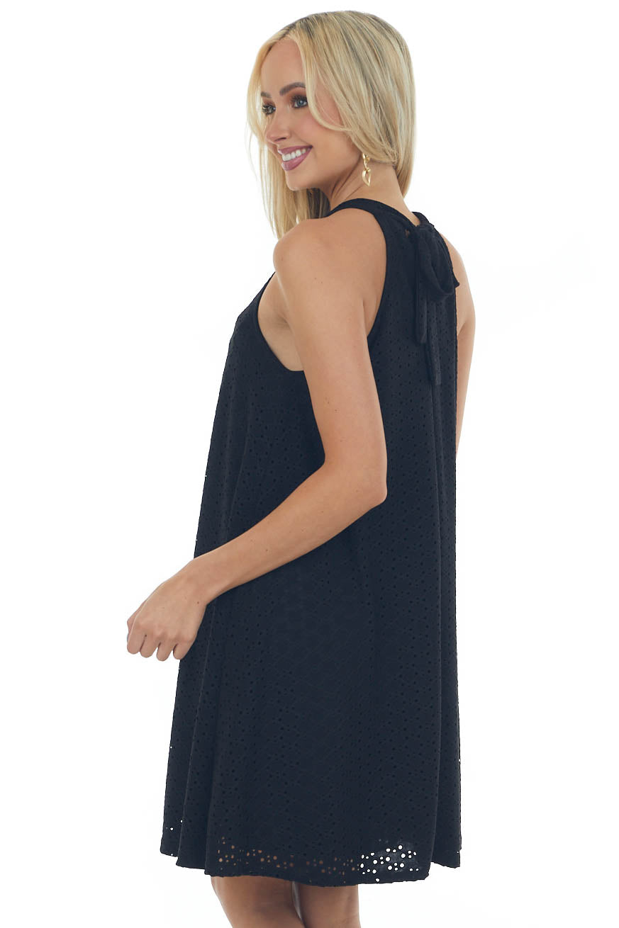 Black Eyelet Knit Halter Neckline Short Dress 