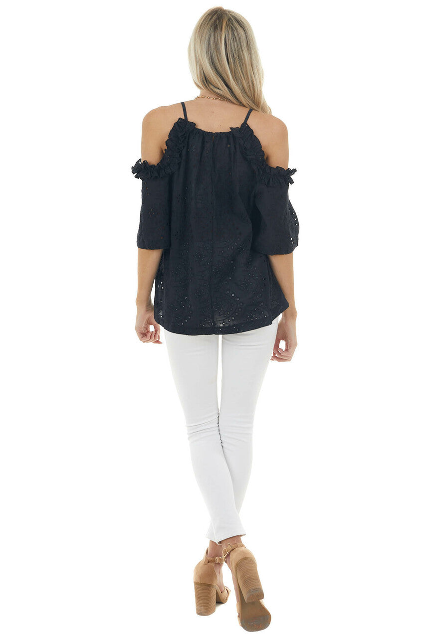Black Eyelet Lace Cold Shoulder Halter Neckline Blouse 