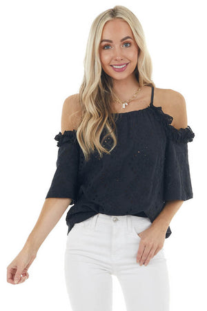 Black Eyelet Lace Cold Shoulder Halter Neckline Blouse 
