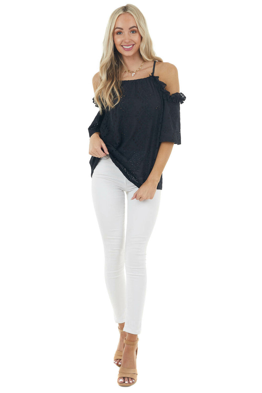Black Eyelet Lace Cold Shoulder Halter Neckline Blouse 