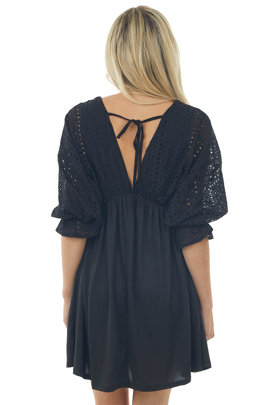 Black Eyelet Lace Dolman Sleeve Deep V Dress