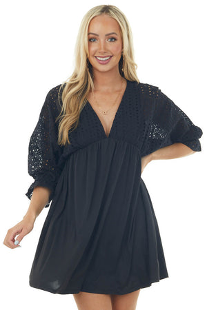 Black Eyelet Lace Dolman Sleeve Deep V Dress