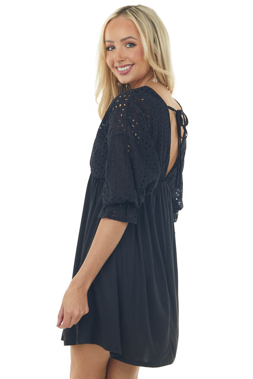 Black Eyelet Lace Dolman Sleeve Deep V Dress