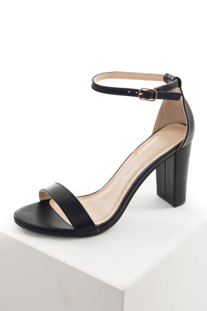 Black Faux Leather Ankle Strap Block Heels 