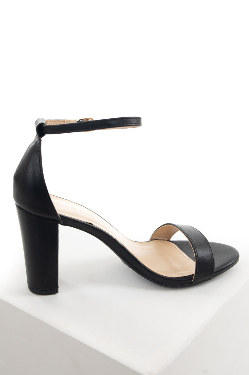 Black Faux Leather Ankle Strap Block Heels 