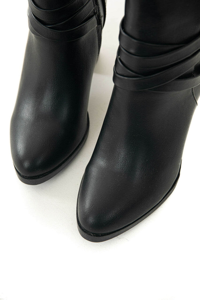 Black Faux Leather Block Heeled Ankle Booties