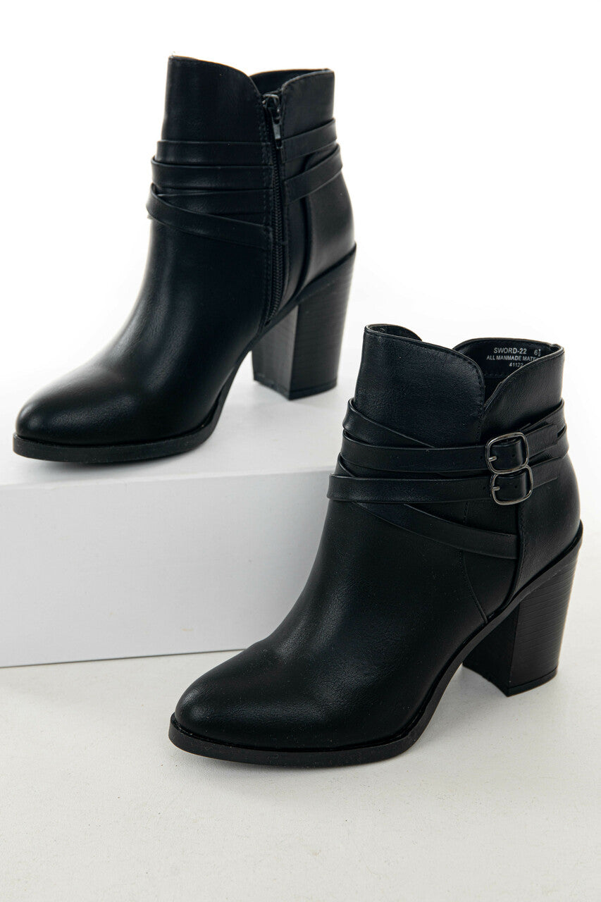 Black Faux Leather Block Heeled Ankle Booties