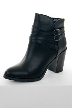 Black Faux Leather Block Heeled Ankle Booties