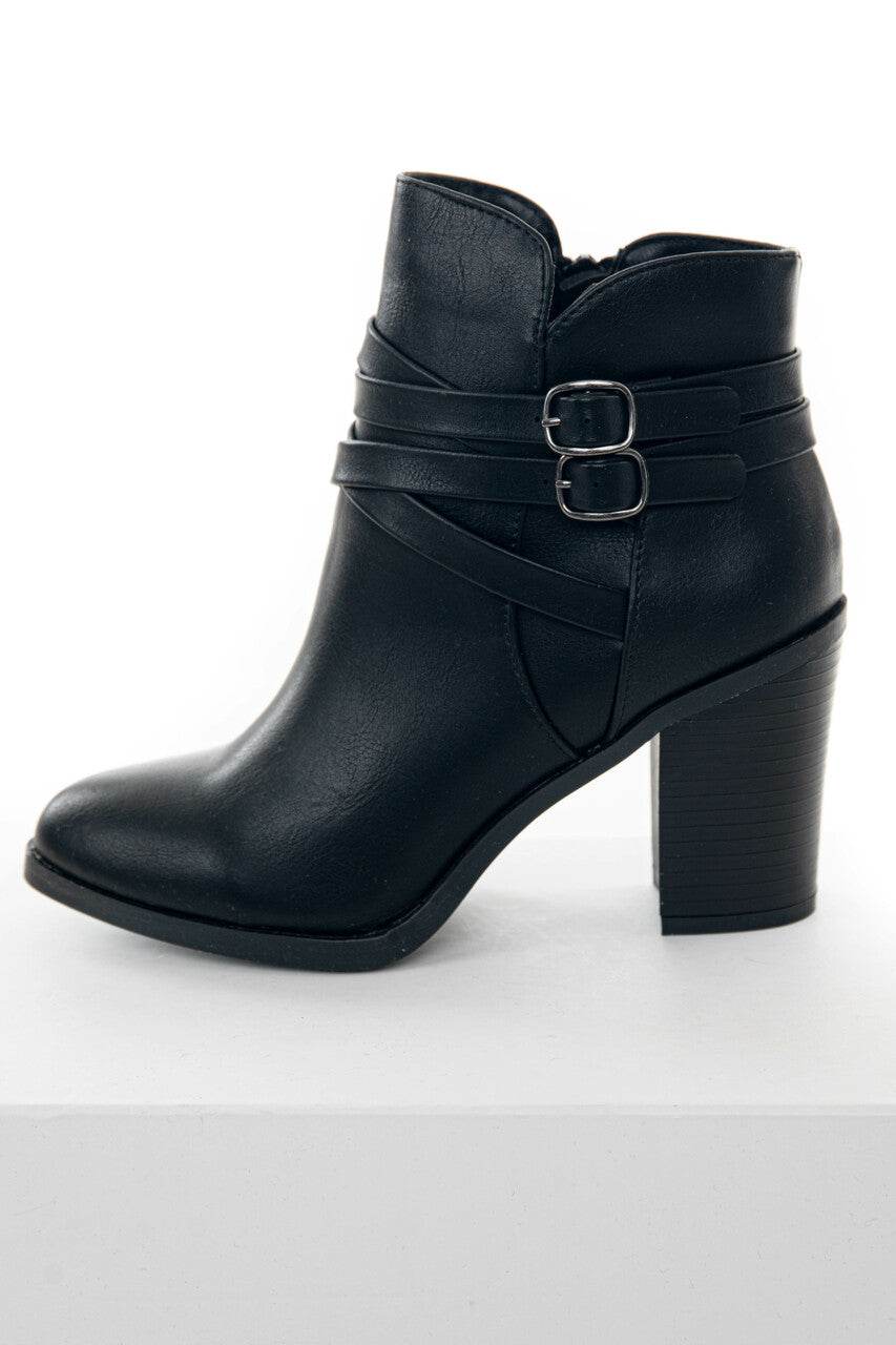 Black Faux Leather Block Heeled Ankle Booties