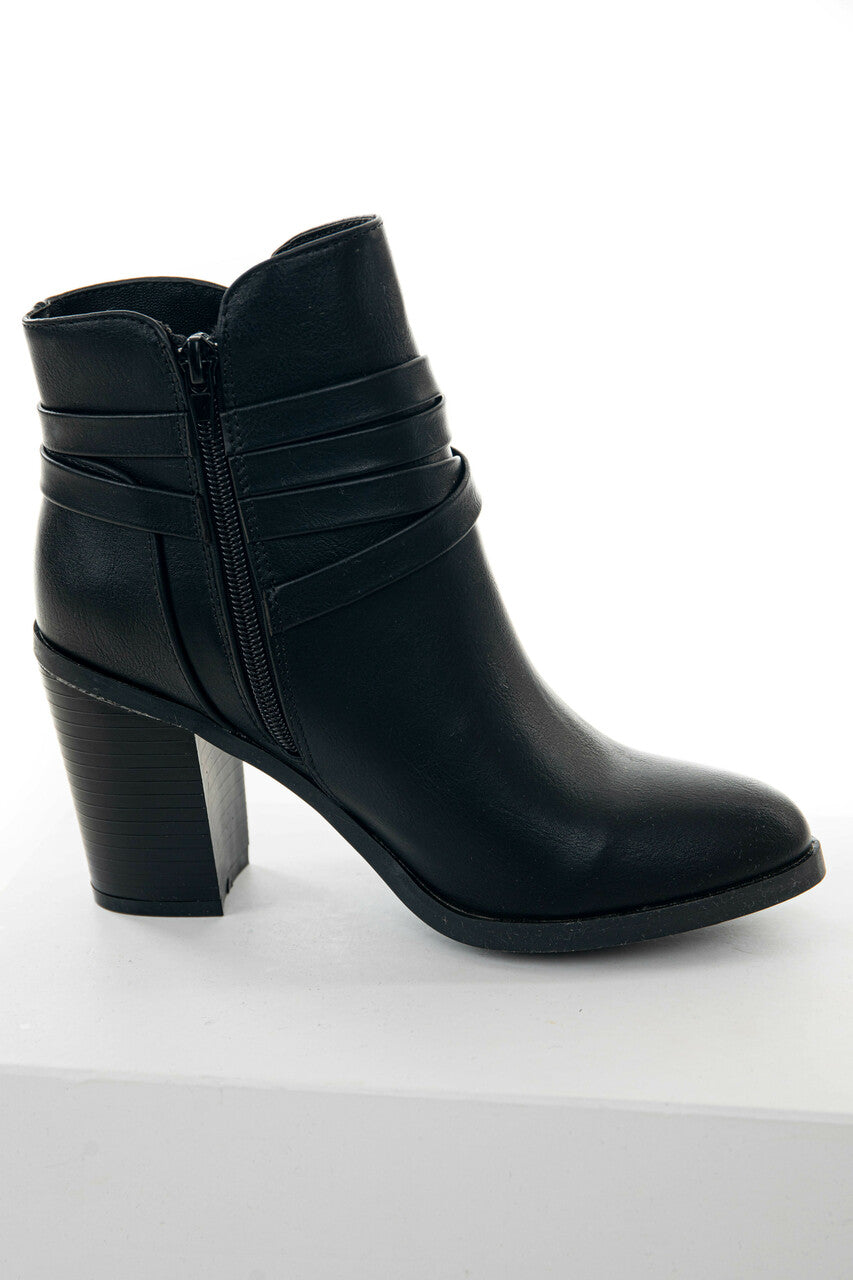 Black Faux Leather Block Heeled Ankle Booties