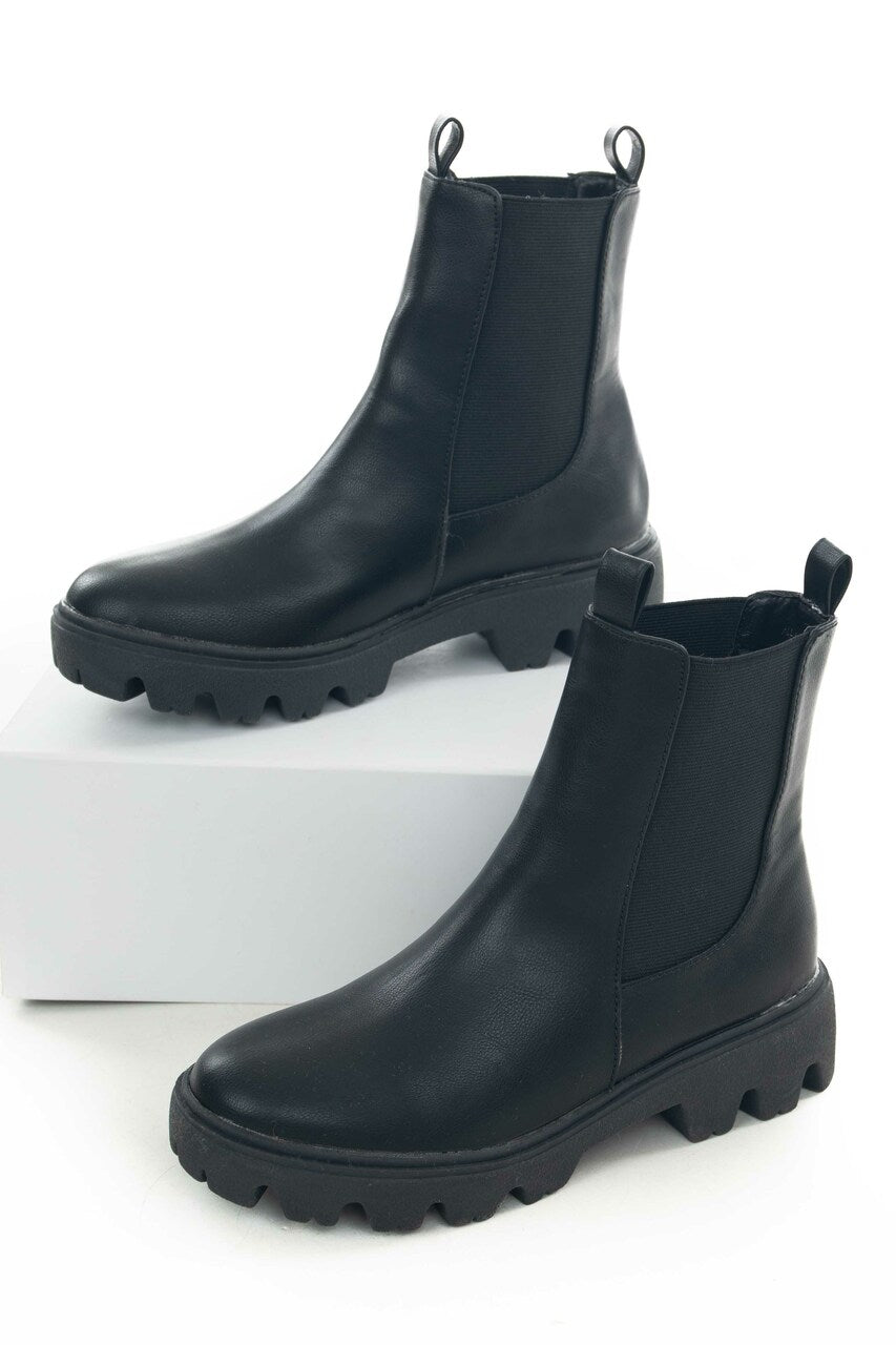 Black Faux Leather Double Side Panel Lug Boots
