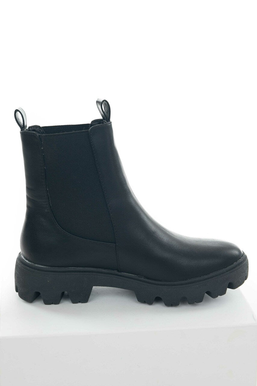Black Faux Leather Double Side Panel Lug Boots