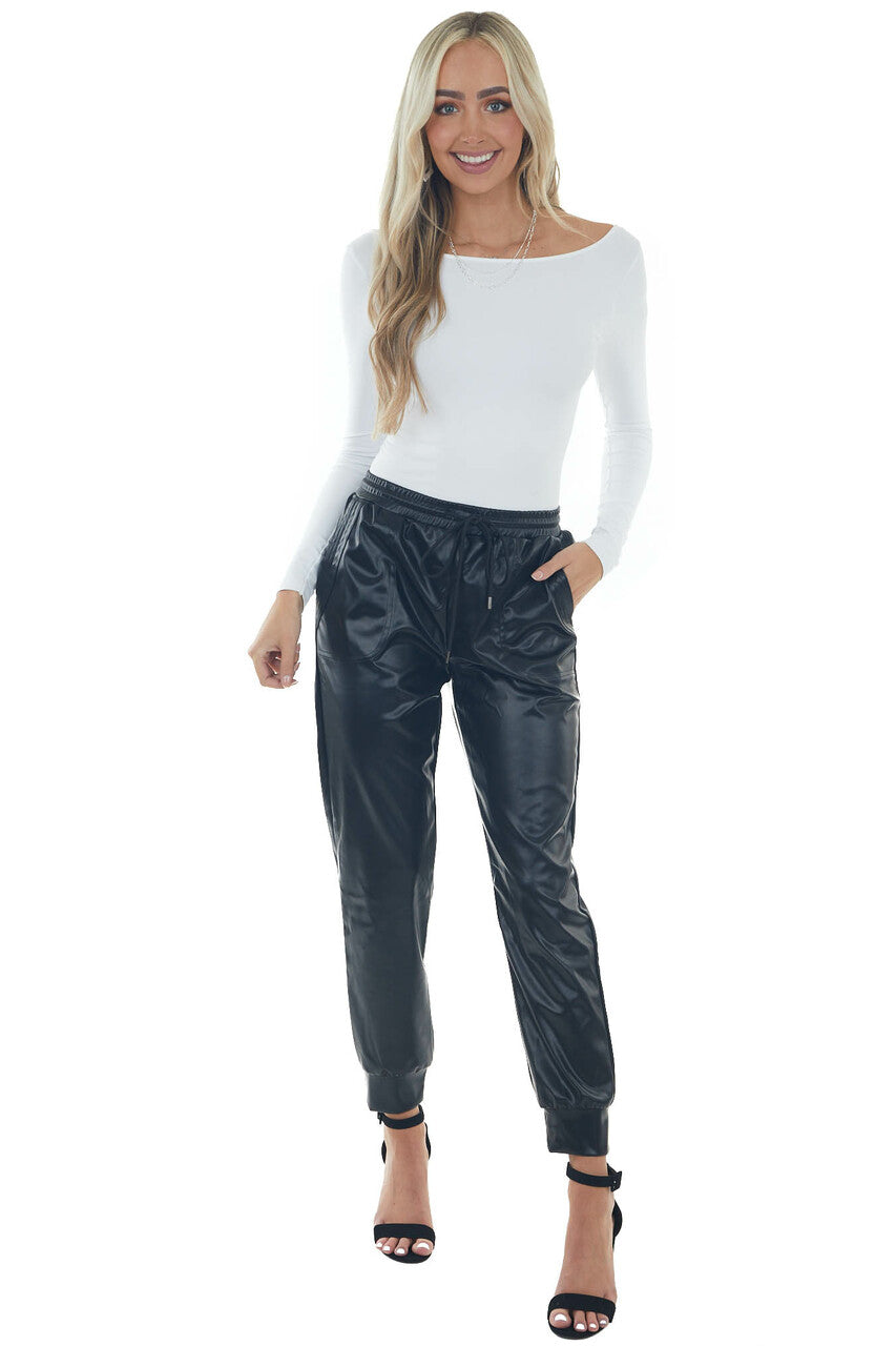 Black Faux Leather Drawstring Jogger Pants 