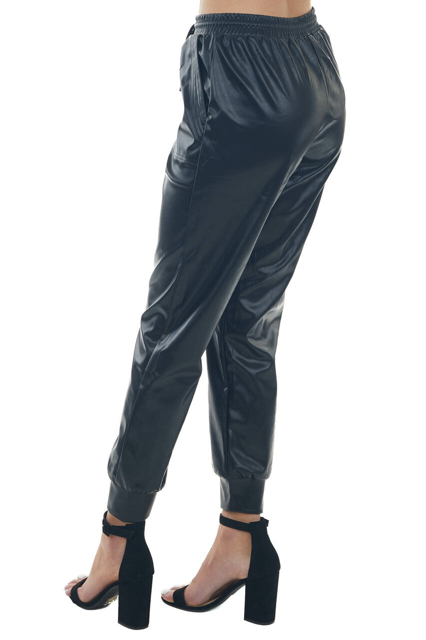 Black Faux Leather Drawstring Jogger Pants 