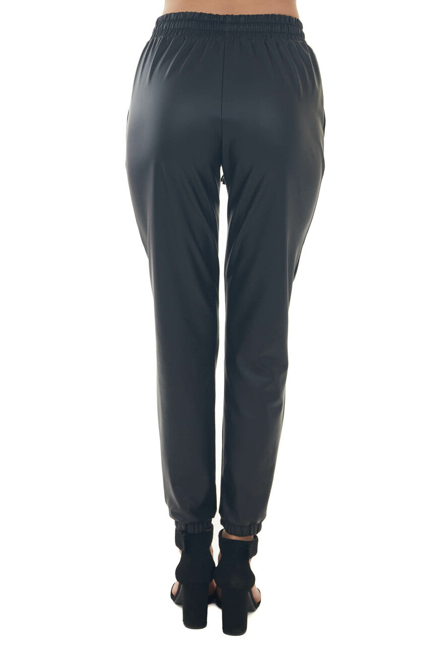 Black Faux Leather Drawstring Waist Joggers