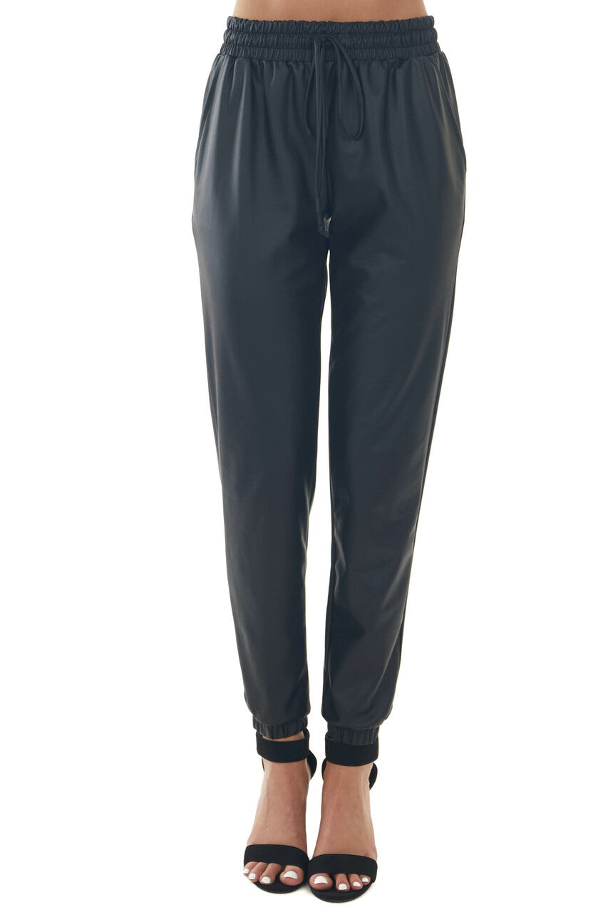 Black Faux Leather Drawstring Waist Joggers