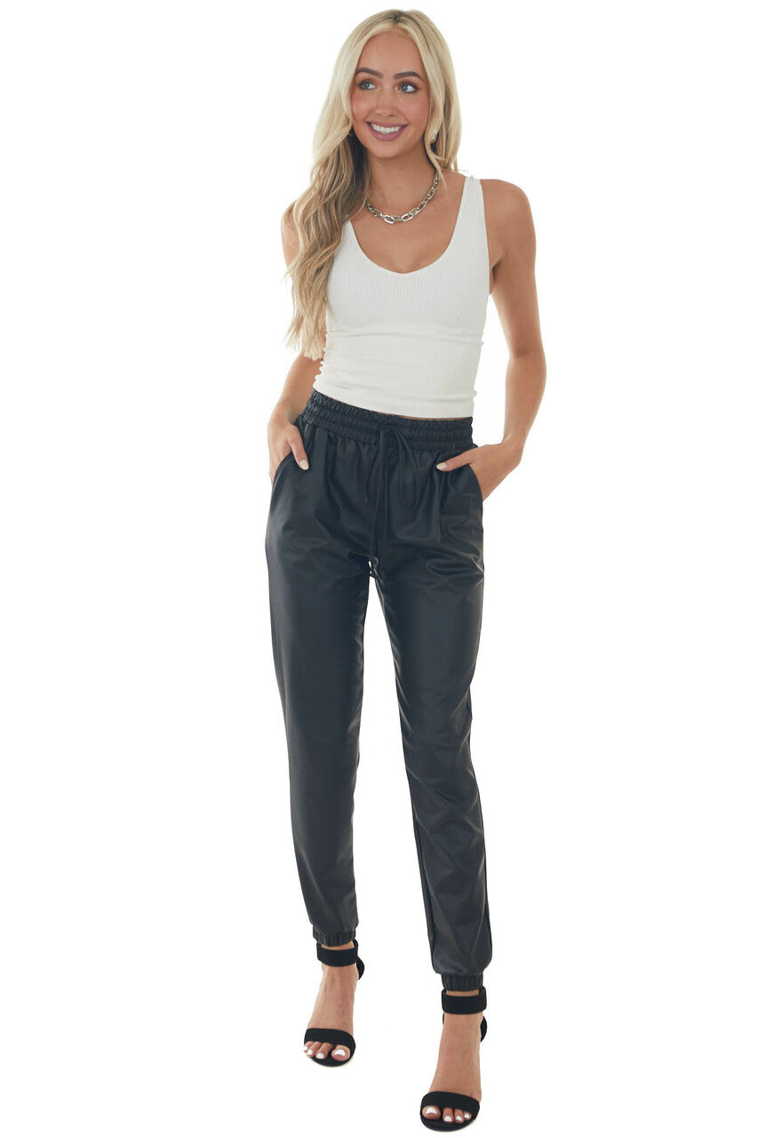 Black Faux Leather Drawstring Waist Joggers