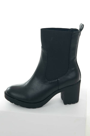 Black Faux Leather Elastic Panel Lug Booties