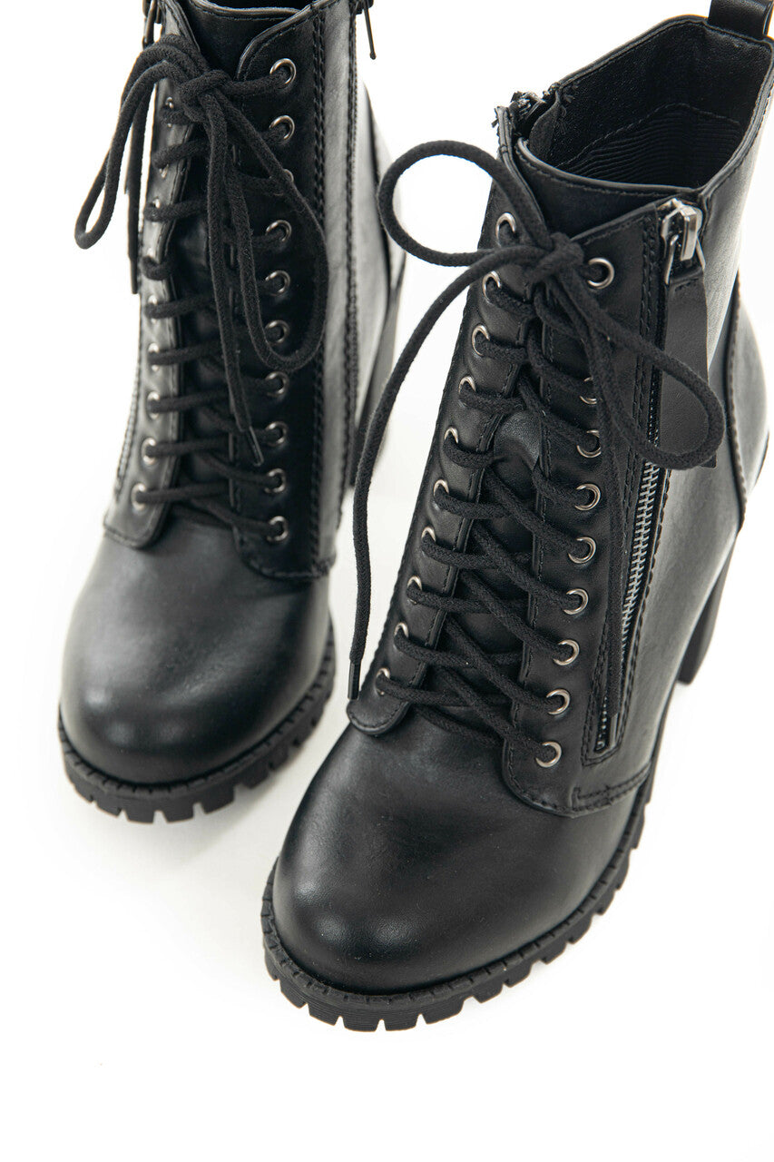 Black Faux Leather Heeled Combat Booties 