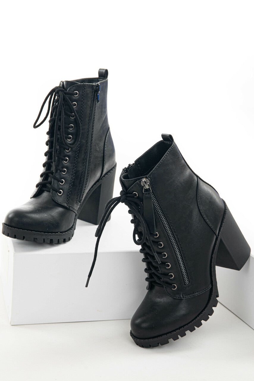 Black Faux Leather Heeled Combat Booties 